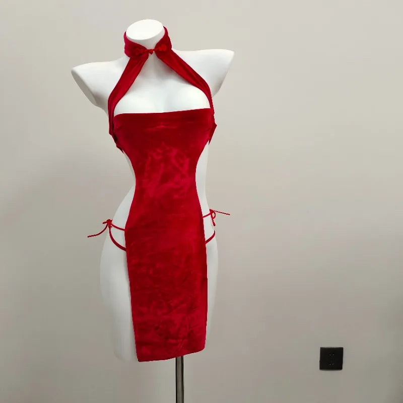 Soft Velvet Cheongsam Halter lingerie Babydoll Retro Style V-neck Hollow Erotic Nightgowns