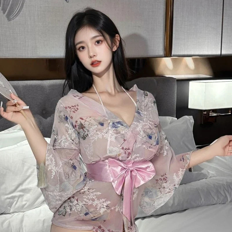 Short Style Kimono Bathrobe Temptation Print Bow Pajamas Home Nightgown Exotic Charm Costumes