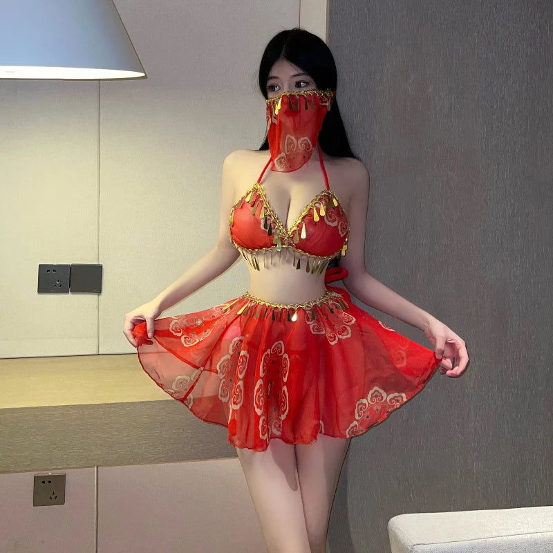 Red Hanfu Lingerie Cosplay Bride Costumes Chiffon Erotic Temptation Ancient Dance Stage Home Party Clothing