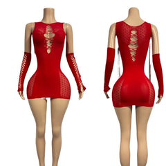 Bandage Mini Hollow Out Slim Babydoll Square Collar Gloves Backless Nightclub