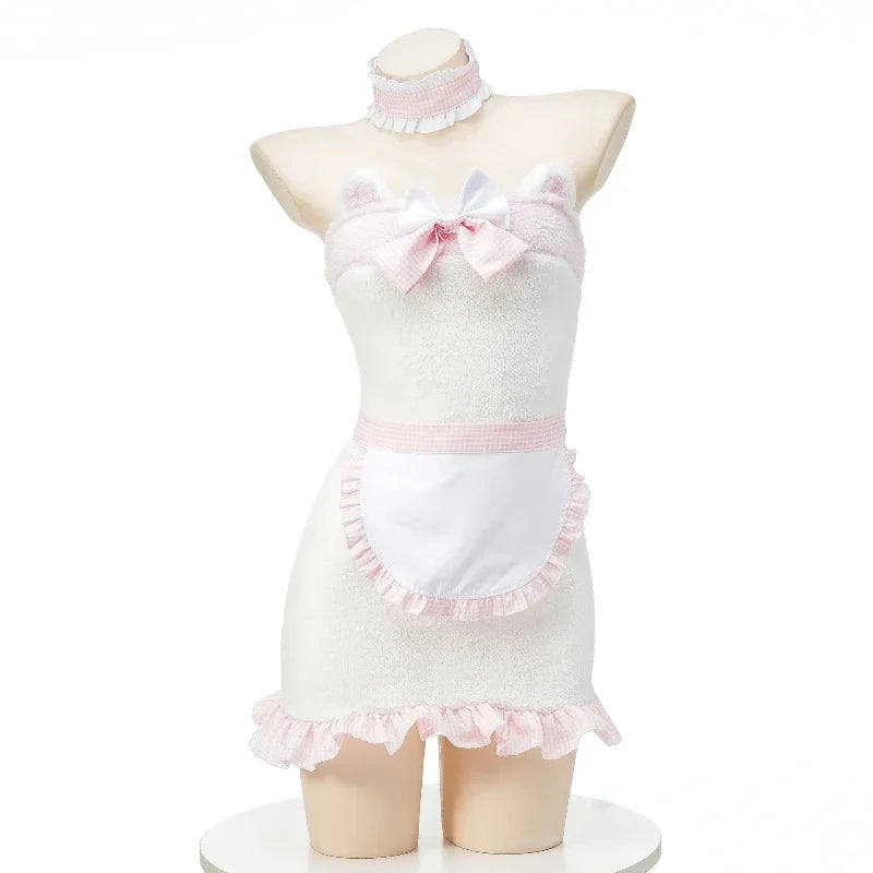 Cosplay Maid Costume Little Bear Lace Cute Apron Nightgown Plush Wrap Hip Skirt Cat Roleplay Set