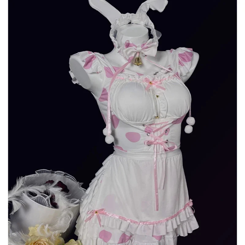 Bunny Cosplay Costumes Sweet Pink Lolita Cat Maid Halloween Cow Print Erotic Lingerie