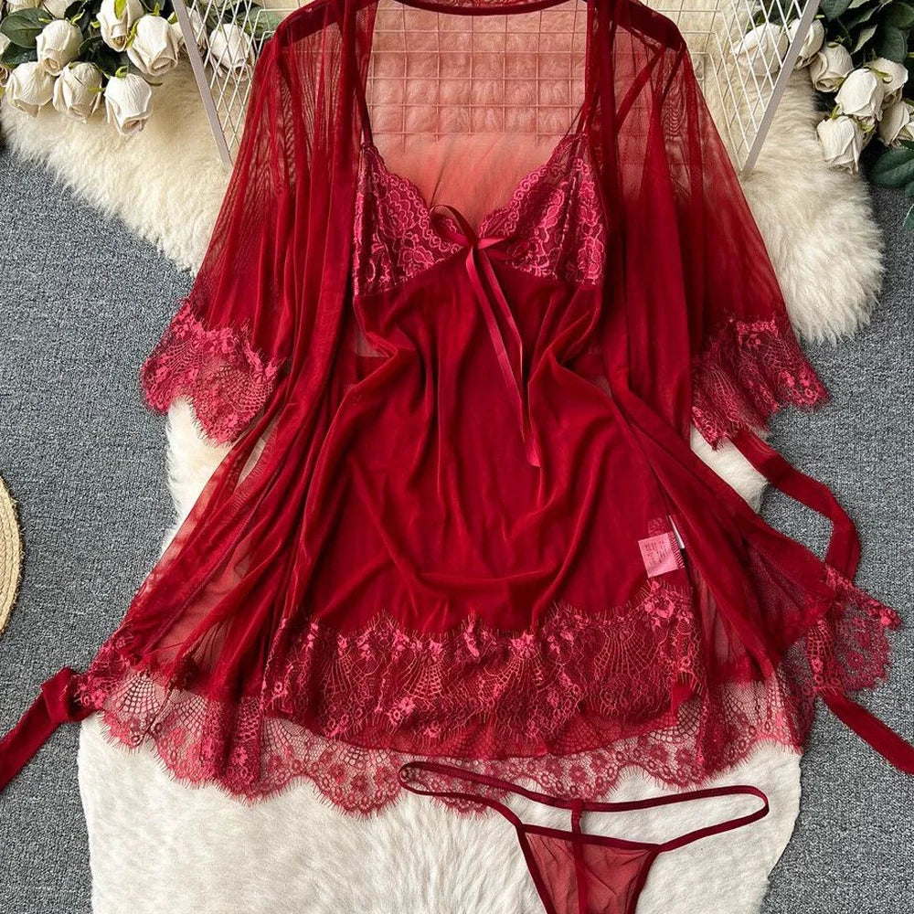 Halter Butterfly Lace Satin Nightgown Irregular Hem Homewear