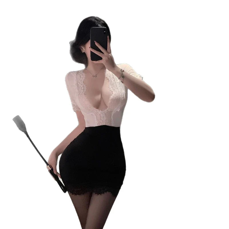 Exotic Office Lady Cosplay Costume See-through Underwear Hollow Out Deep V Lace Secretary Temptation Wrap Hip Dress