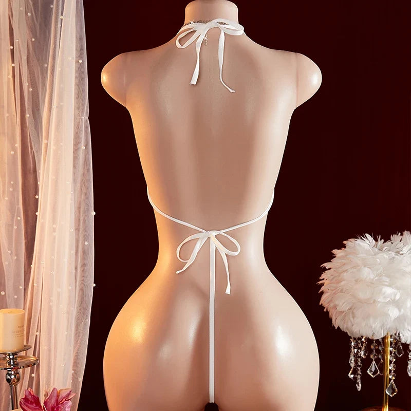 Porno Lingerie Hollow Underwear Hot Temptation Bodysuit Crotchless Perspective Open Bow Bra Erotic Costumes