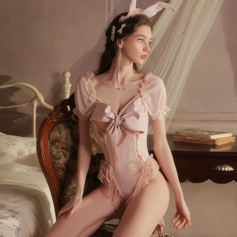 Open Crotch Bow Bodysuit Cosplay Bunny Lingerie Hot Erotic Underwear Erotic Costumes Lace Rabbit Outfit