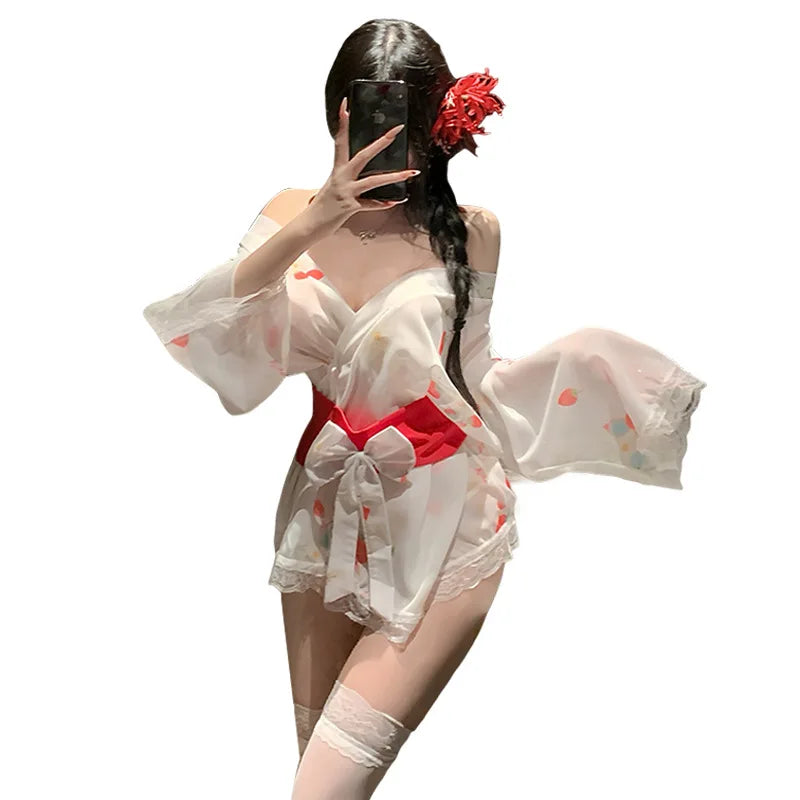 Transparent Style Strawberry Print Kimono Seductive Lace Long Sleeves Bow Elegant Charm Nightgown Bathrobe