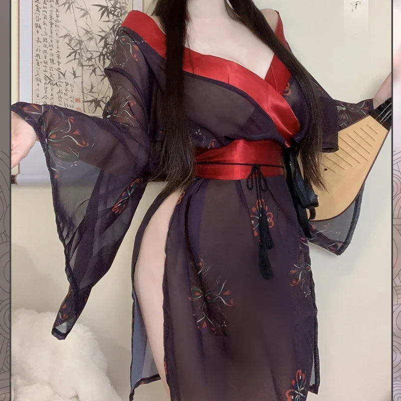 Erotic Lingerie Kimono Cute Printed Pajama Bathrobe Set