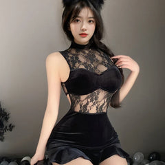 Transparent Cheongsam Backless Hollow Out Lace Short Skirt Retro Improve Exotic Charm Costume