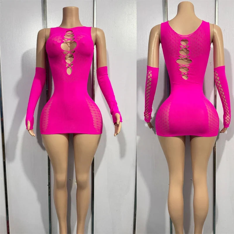 Bandage Mini Hollow Out Slim Babydoll Square Collar Gloves Backless Nightclub