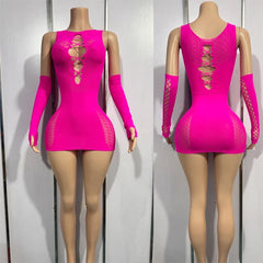 Bandage Mini Hollow Out Slim Babydoll Square Collar Gloves Backless Nightclub