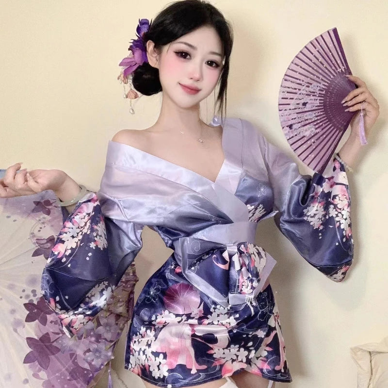 Erotic Lingerie Deep V Kimono Retro Printed Bathrobe Kawaii Pajamas Cosplay Dancer Costumes Gradient Purple Pink