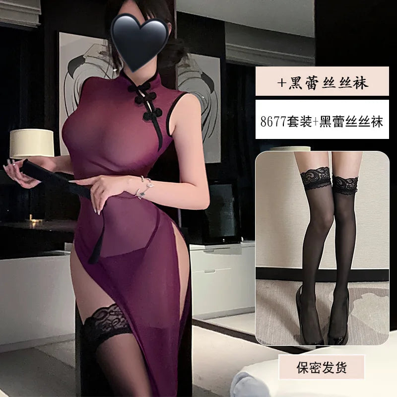 Style Cheongsam Lace Perspective Seductive Wrap Hip Skirt Lingerie Babydoll Temptation Porno Bar Costume
