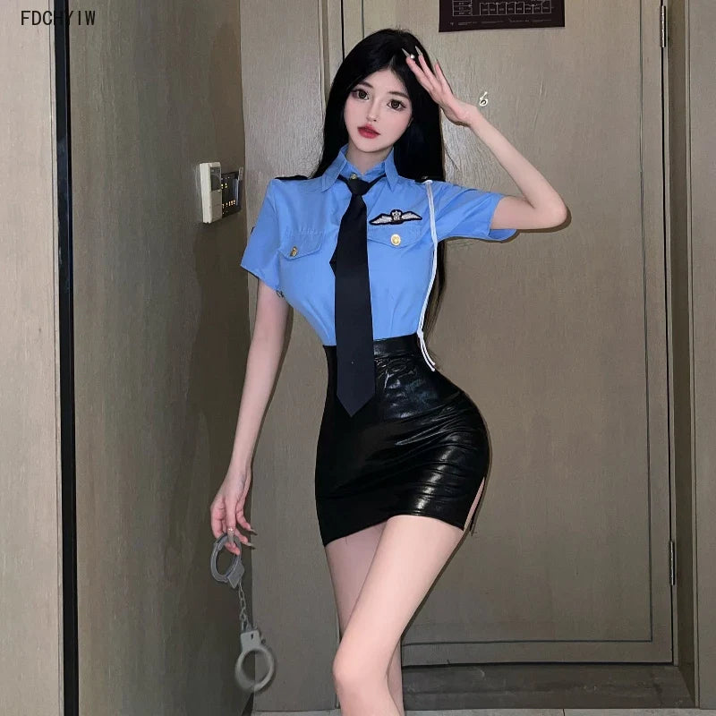 PoliceCosplay Instructor Top Leather Skirt Temptation Passion Stewardess Costumes Roleplay Nightclub Lingerie