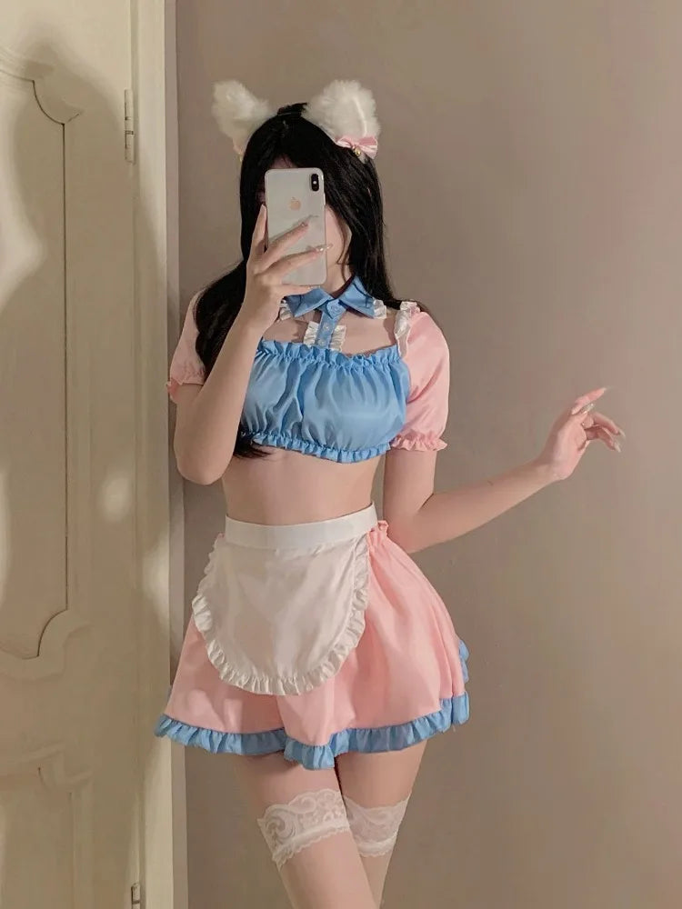 Alluring French Maid Costume Lingerie Outfit Ruffled Apron Headband Cosplay Party Fancy Exotic