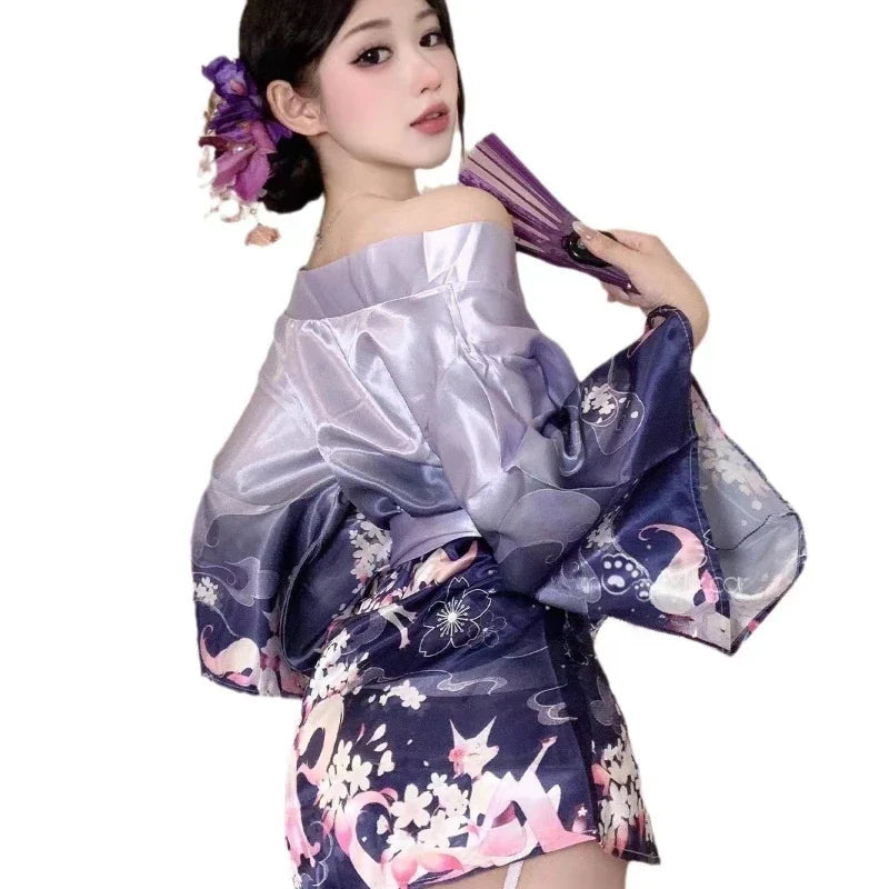 Erotic Lingerie Deep V Kimono Retro Printed Bathrobe Kawaii Pajamas Cosplay Dancer Costumes Gradient Purple Pink