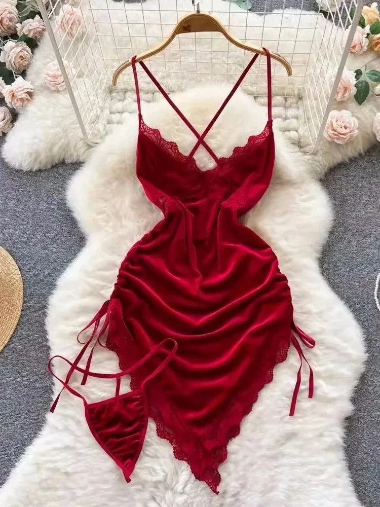 Halter Butterfly Lace Satin Nightgown Irregular Hem Homewear