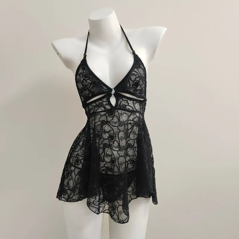 Gloves Halter Nightgowns White Black Lolita Night Wear Sleepwear Mesh Lace Embroidery See Through Lingerie
