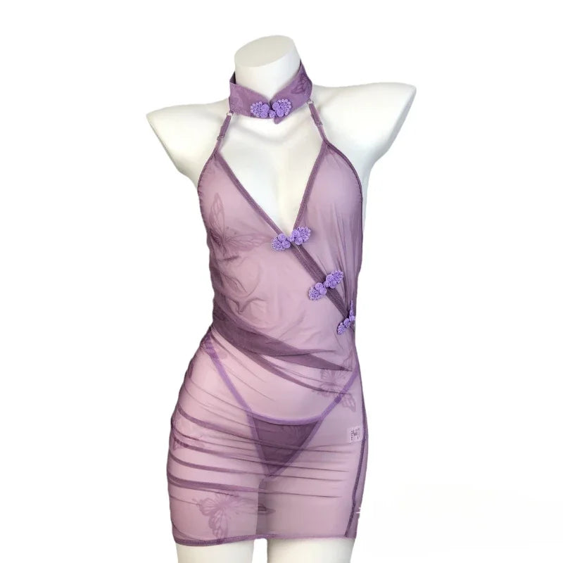 Lingerie Hollow Out Retro Cheongsam Transparent Pajamas Traditional Improve Exotic Charm Costume
