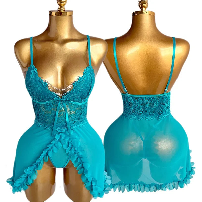 See Through Blue Lace Sling Sleepwear Two-piece Babydoll Nightgown Valentine's Day Gift Erotic Costumes