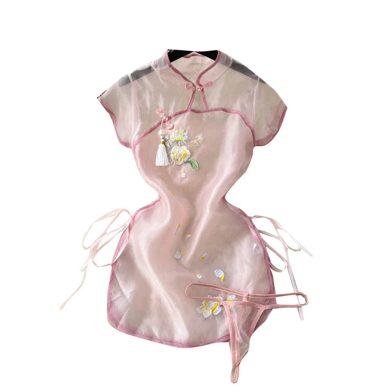 Hot Cheongsam Lingerie Retro Embroidery Improve Mesh Perspective Miniskirt