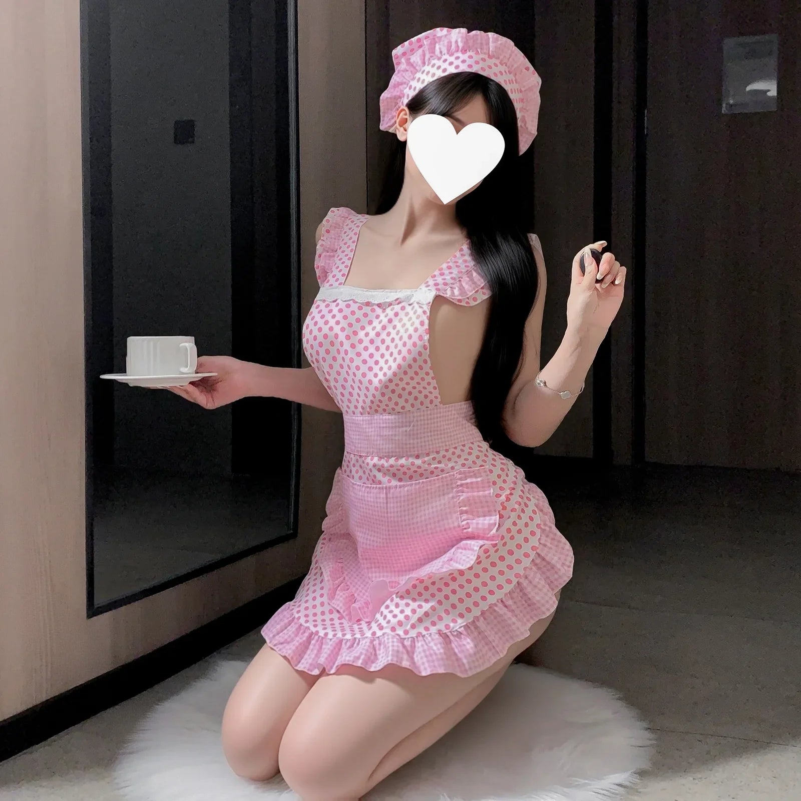 Cute Polka Dot Backless Lolita Maid Cosplay Temptation Backless Lingerie Skirt Costume Kawaii Ruffle Apron Women's