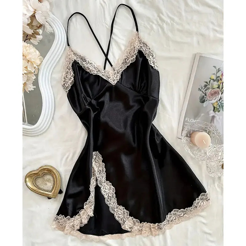 Erotic NightClothe Nightgowns Nightwear Lace Patchwork Lingerie Nighty Sleepwear Wedding Satin Wear