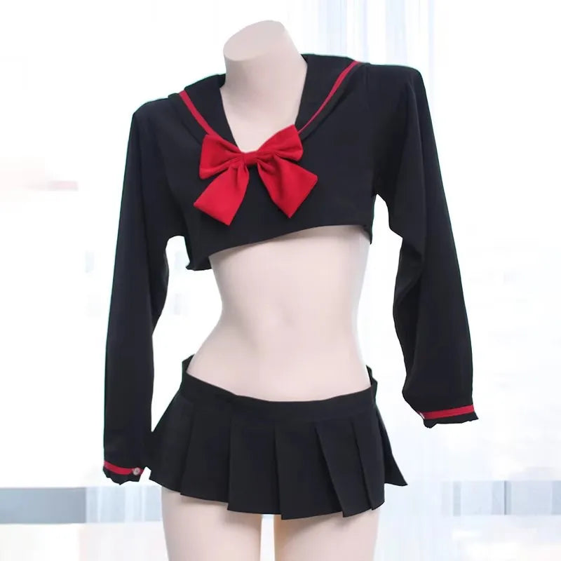 Kwaii Lolita Student Mini Top Skirt Cosplay Costume Erotic Lingerie Sailor Black Color Red Bow