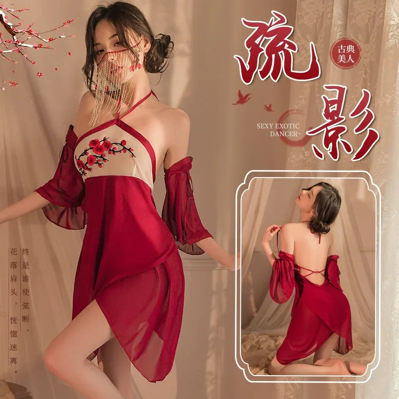 Red Hanfu Skirt Antique Temptation Traditional Plum Embroidery Lingerie Set