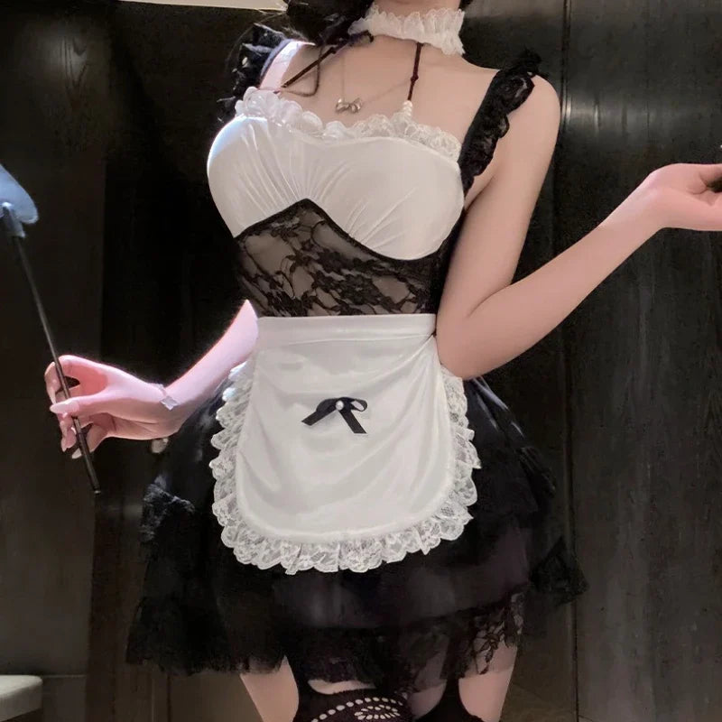 Maid Temptation Roleplay Seductive Lolita Lace Nightgown See-through Pajamas Servant Cosplay Costumes Home