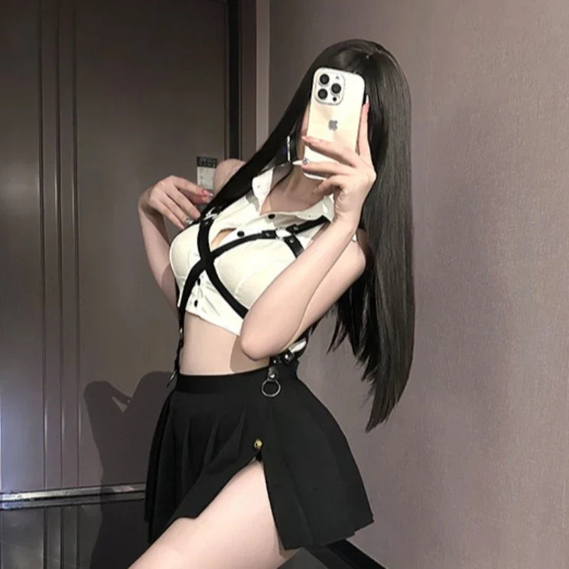Lingerie Secretary Office Sailor Role-playing Temptation Short Sleeved Top Pleated Skirt Sets Straps