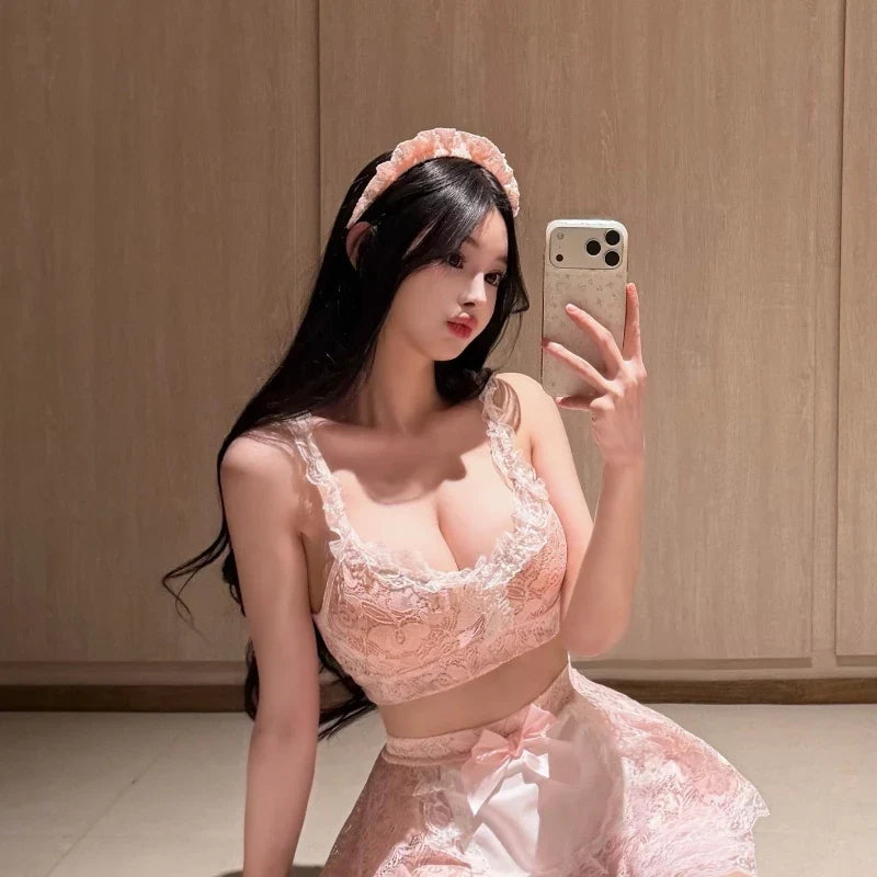 Lace Maid Roleplay Tempting Pure Desire Hollow Out Bra Sweet Cute Miniskirt Kawaii Servant Cosplay Costume