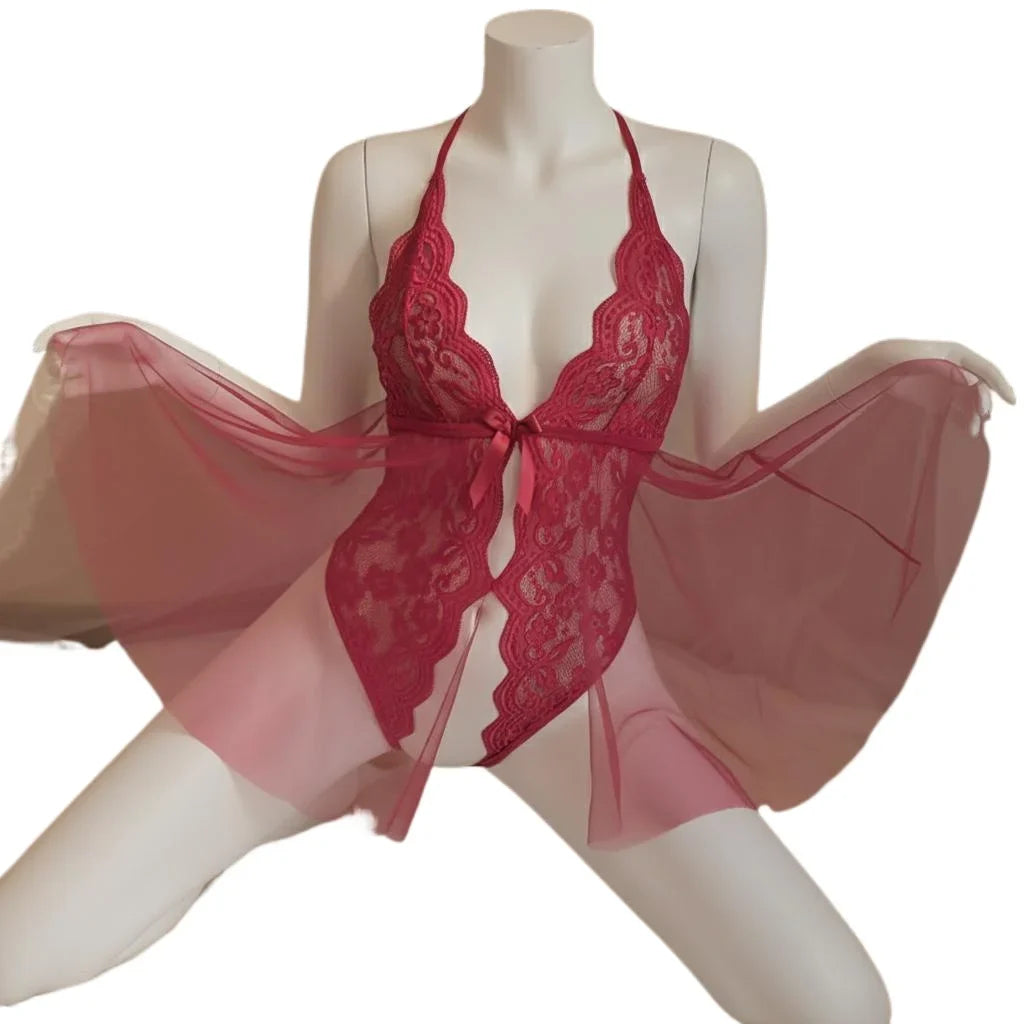 Lace Deep V Crotchless Bodysuit Nightgown Pajamas