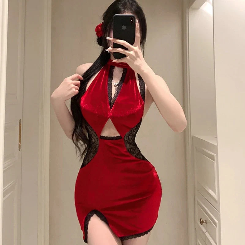 Lingerie Pure Desire Cheongsam Lace Seduction Nightclub Traditional Pajamas Set