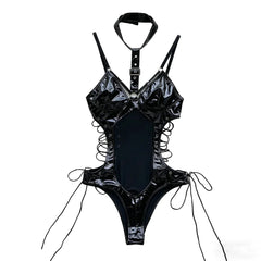 Black Patent Leather Bodysuits Adjustable Buckle Neckline Lace-up Side Waist Form Fitting