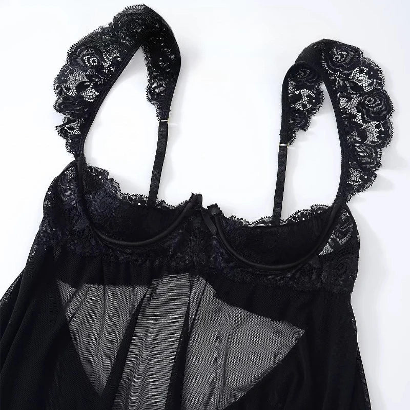 Erotic Lingerie Female Temptation Babydoll Open Gear Free Crotch Sling Lace Nightgown See-through Pajamas Porn Suits