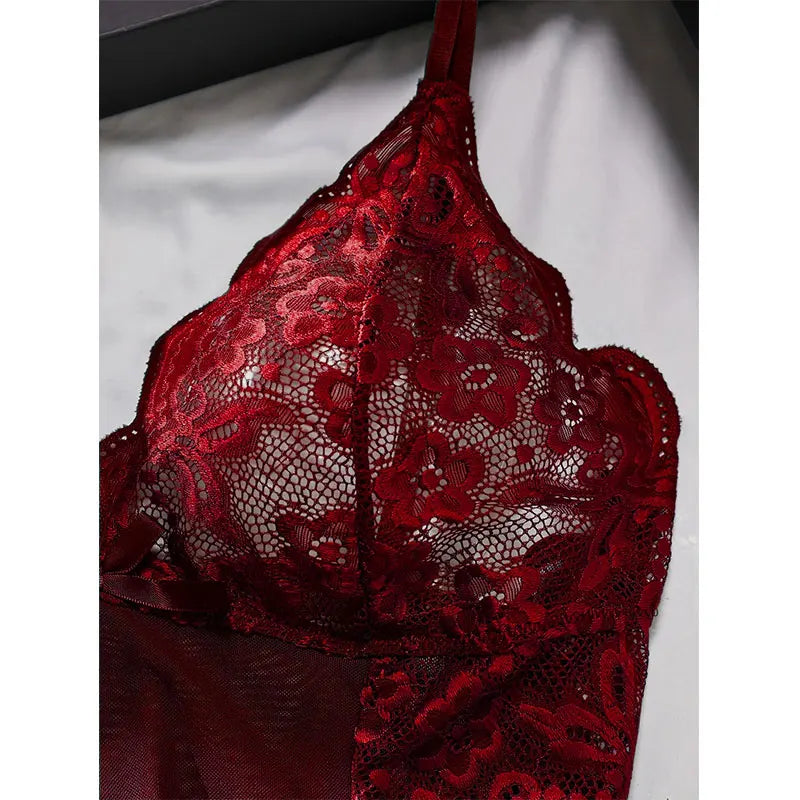 Halter Nightgown Transparent Red Lingerie Female Pajamas Tulle Comfortable Night Pajama G-string Set