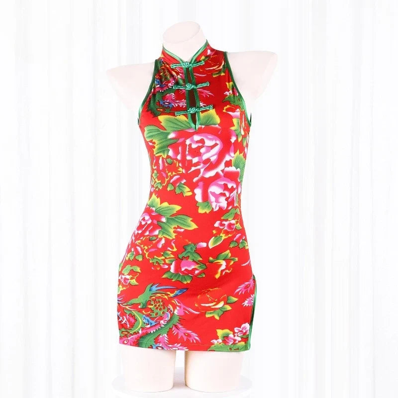 Traditional Cheongsam Ancient Floral Pajamas Slim Fit Retro Short Skirt Adult Sleeping Skirt