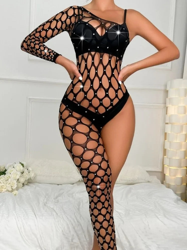 Rhinestone Asymmetrical Fishnet Bodystocking Lingerie