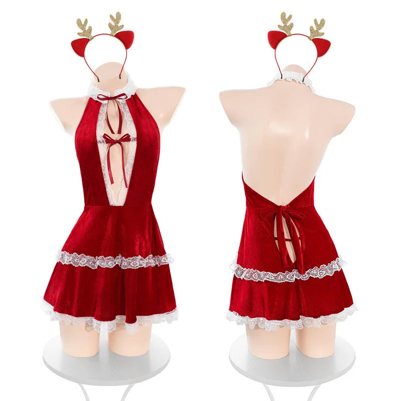 Roleplay Christmas Lingerie Lace Velvet Backless Halter Skirt Santa Claus Cosplay Costumes Elegant Set