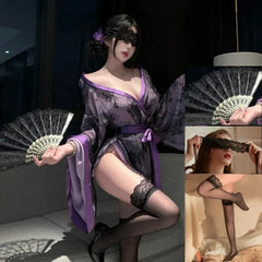 Style Kimono Temptation Transparent Erotic Bathrobe Long Sleeve Floral Print Set