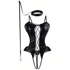 Shiny Patent Leather Bodysuit Lace Up Criss Cross Strappy Teddy Choker Leash Lingeries