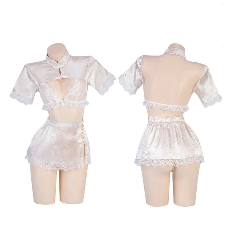 Apricot Traditional Cheongsam Skirt Retro Lace Lingerie Hollow Out Antique Split Improved