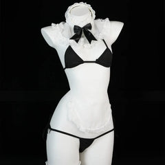 Erotic Three Point Lingerie Maid Cosplay Costumes Ruffles Mesh Waitress Cosplay Porno Adult Nightgowns