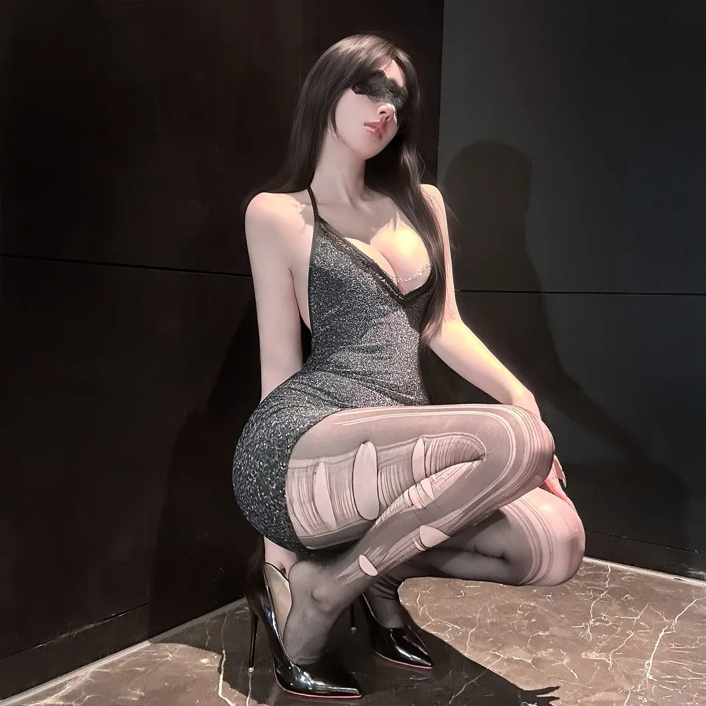 Seductive Secretary Bodycon Pure Desire Deep V Hanging Neck Backless Hip Wrap Skirt Nightclub Costumes