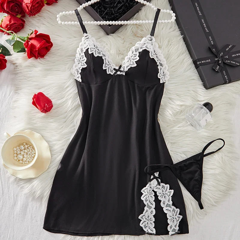Suspender Sleeping Printed Patchwork Lace Slit NightSet Babydoll Erotic Underwear