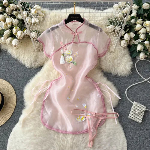 Hot Cheongsam Lingerie Retro Embroidery Improve Mesh Perspective Miniskirt