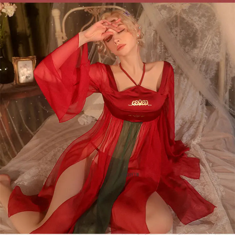 Antique Split Perspective Hanfu Skirt Red Traditional Retro Long Sleeves Nightgown