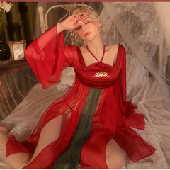 Antique Split Perspective Hanfu Skirt Red Traditional Retro Long Sleeves Nightgown