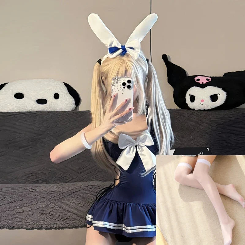College Style SchoolLingerie Cosplay Costumes Temptation Adult Backless Skirt Student Roleplay Outfit Blue